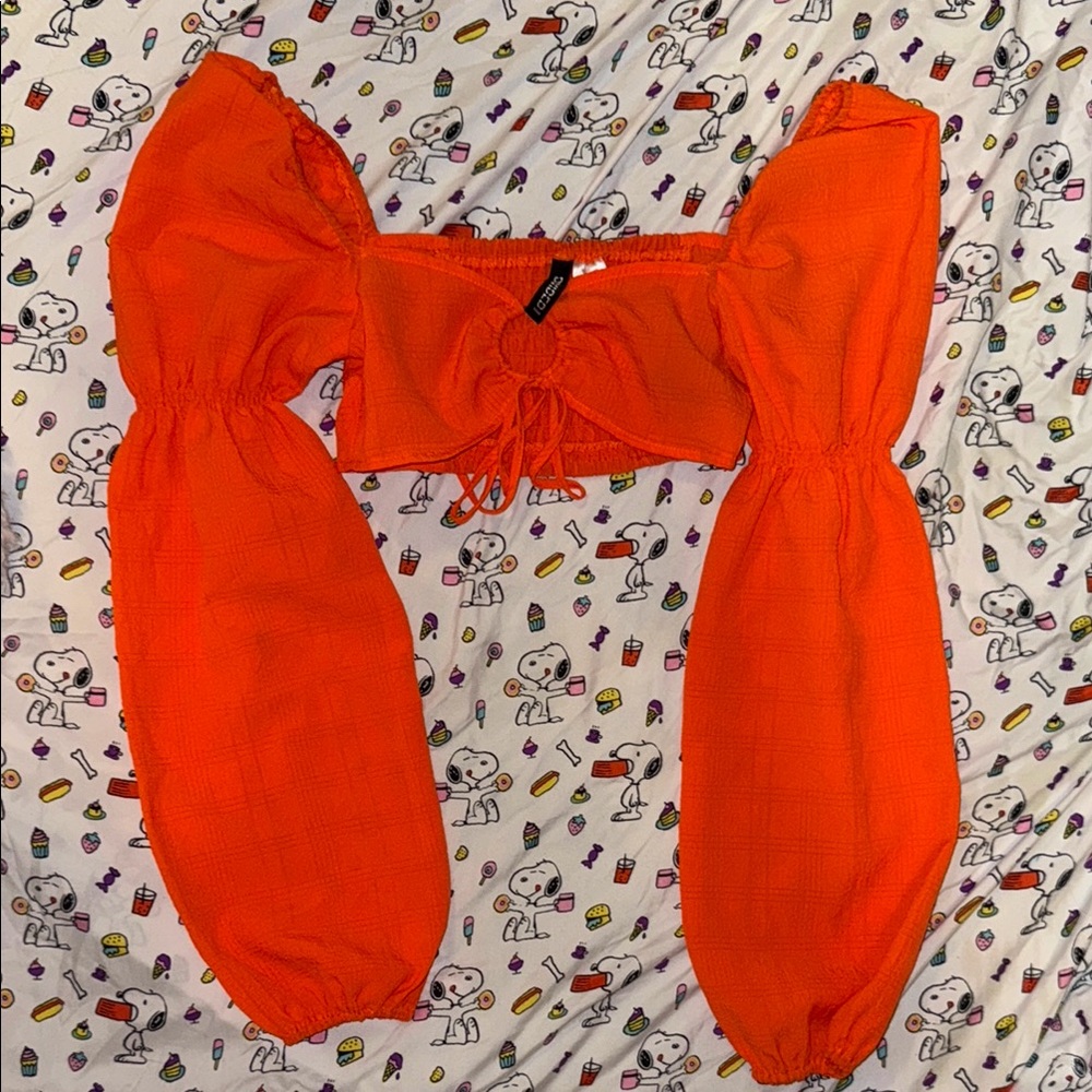 Divided Orange Puffed Sleeve Crop Top Blouse